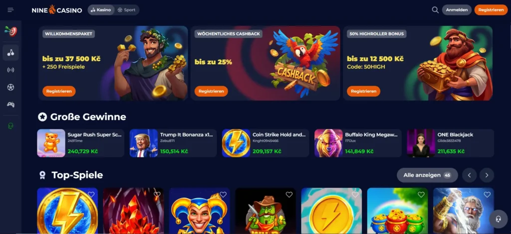 Nine Casino Startseite mit Bonusangeboten für einen leichten Einstie.