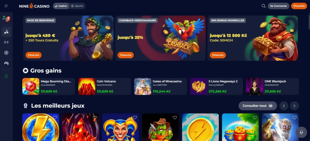 Page d'accueil Nine Casino avec offres de bonus pour un démarrage facile.