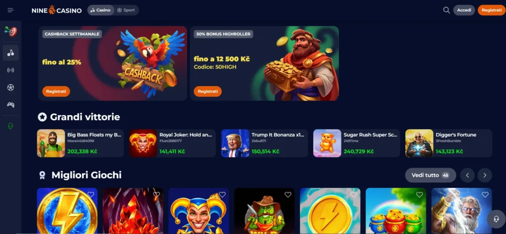 Homepage di Nine Casino con offerte di bonus per iniziare a giocare.