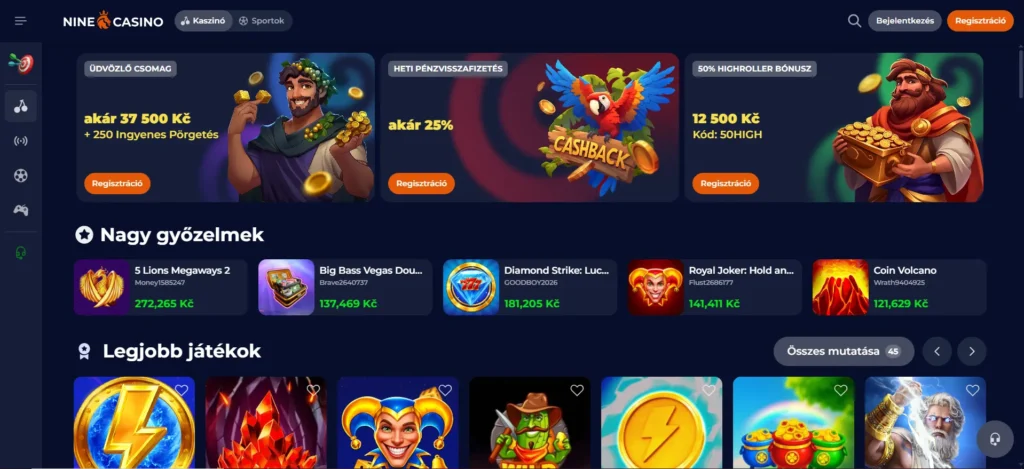 Nine Casino főoldala bónuszajánlatokkal a könnyű kezdéshez.