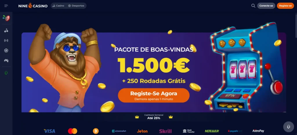 Página principal do Nine Casino com bónus de 1500€ para registo.