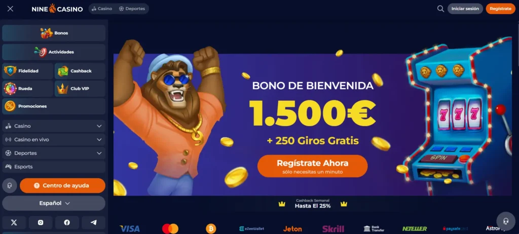 Página principal de Nine Casino con bono de 1500€ para registrarse.