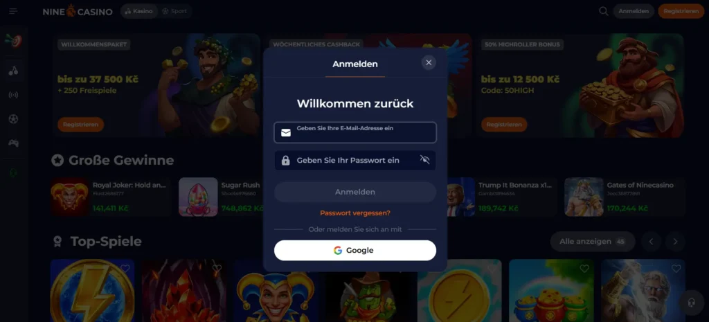 Anmeldeformular im Nine Casino für den schnellen Kontozugriff.